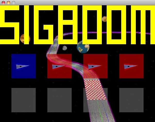 The SIGBOOM lobby screen. A grid of eight player slots is overlaid over a race track in space. A blue player ship and 3 red AI ships are waiting in the lobby.