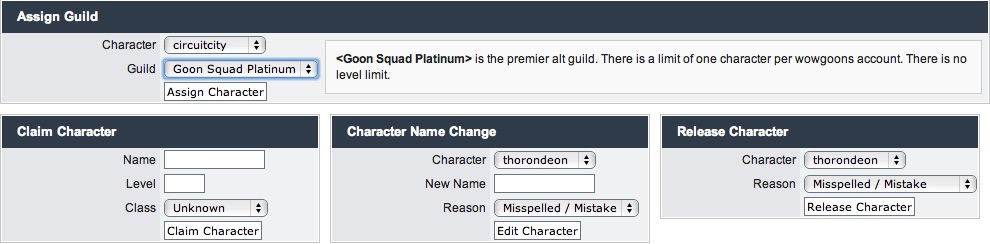 A screenshot of the ZDKP character manager tools. First tool: Assign Guild which is a form that lets you choose a character and a guild from two lists with an Assign Character action button. The currently selected guild is Goon Squad Platinum for which a description reads: <Goon Squad Platinum> is the premier alt guild. There is a limit of one character per wowgoons account. There is no level limit. Second tool: Claim character with a form to specify name, level, and class. Third tool: Character name change with a form to specify the character, the new name, and the reason. Fourth tool: Release character, with a form to specify the character and the reason.