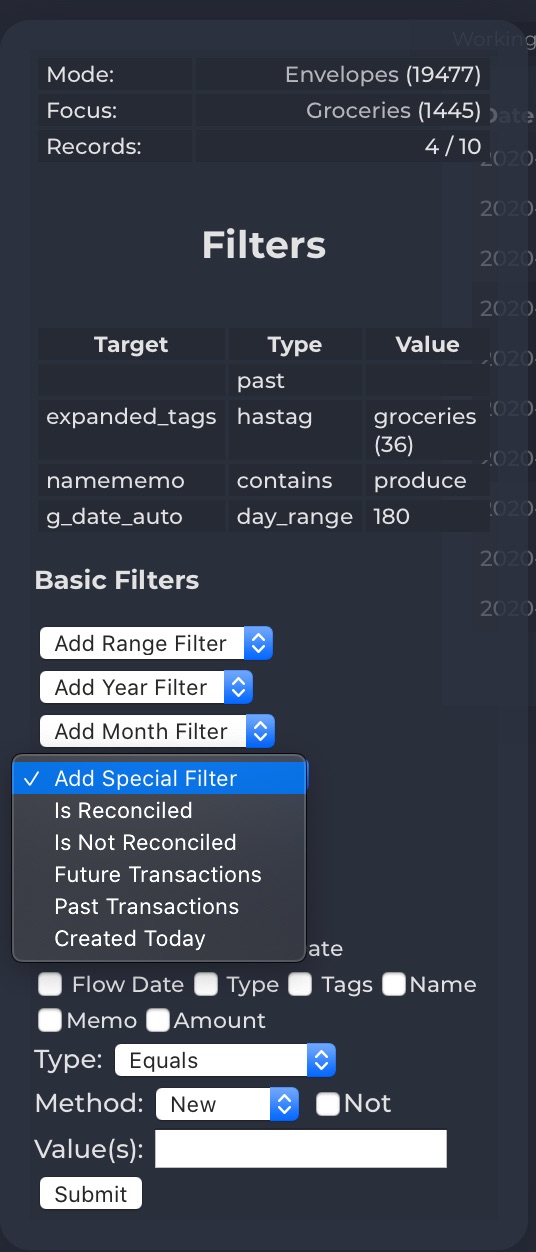 A screenshot of the zfinance filtering panel. The current focus is envelopes (19477 transactions). The current focus target is Groceries (1445 transactions) and the current filters have narrowed the list down to 10 transactions, of which 4 are manually selected by the user. Active filters are past transactions, tagged with groceries, whose name or memo contains the term 'produce' with a date range of +/- 180 days. A GUI is shown below with some controls for adding new filters for range, year, month, reconciled status, past/future, created today. Finally an arbitrary complex filter builder is present with checkboxes for the field to search, the operator to search using and the value to search for.